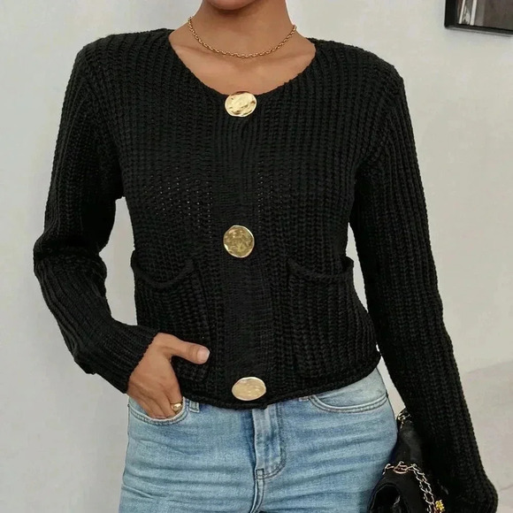 Black Casual Women's Crew Neck Front Button Up Long Sleeve Cardigan - Picture 1 of 5